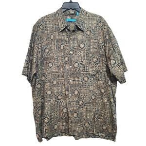 Tori Richard Cotton Lawn Camp Shirt Tan Aztec Geo Print 2XL GUC Hawaii